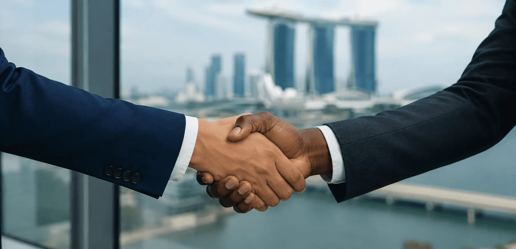 Two business people shaking hands in front of the Singapore skyline